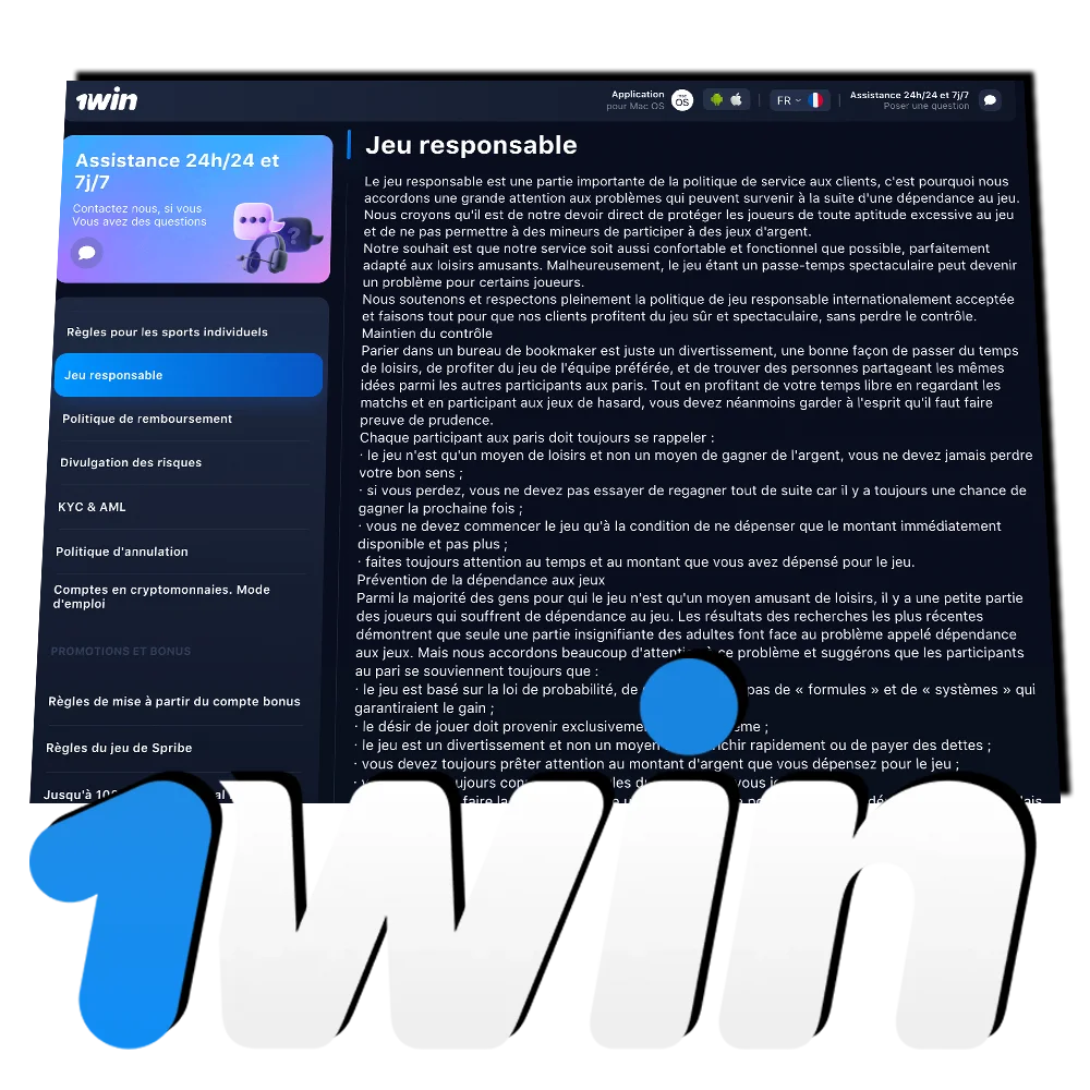 Joue de manière responsable grâce aux outils de prévention de 1Win.