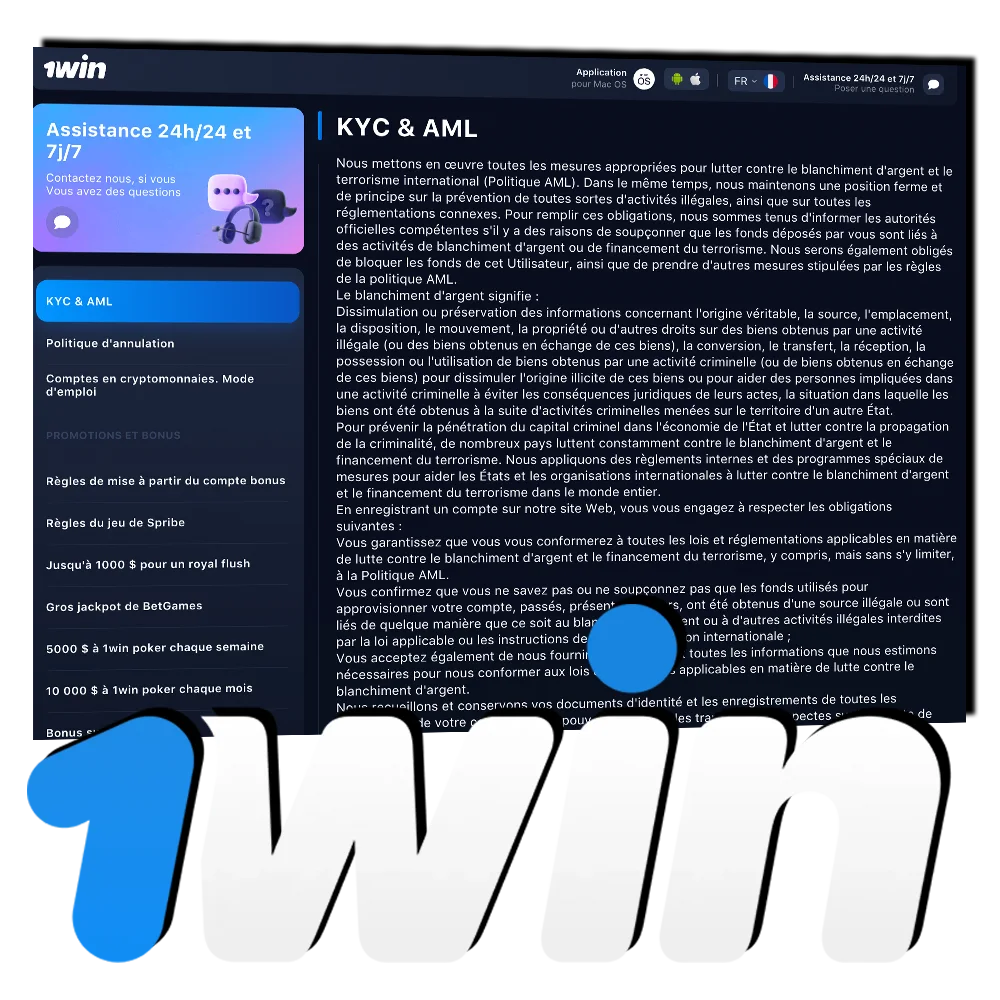 Découvrez la politique KYC et AML appliquée par 1Win.
