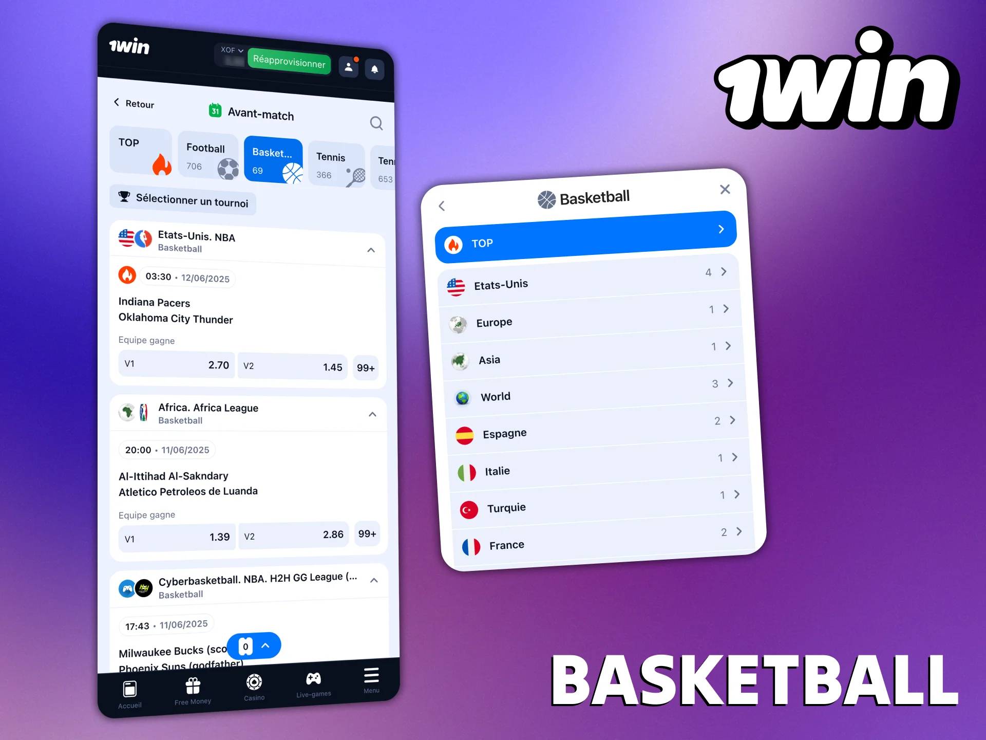 Le basket-ball est représenté dans l'application 1Win.