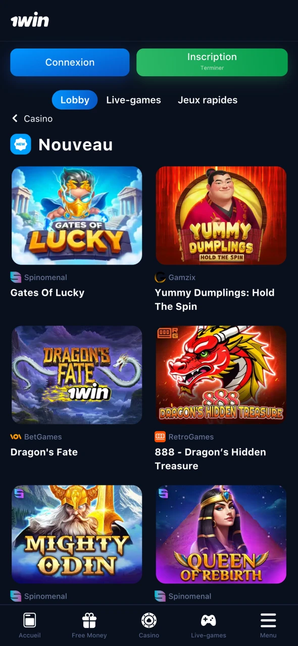 Jouez aux jeux de casino en ligne sur 1Win app.