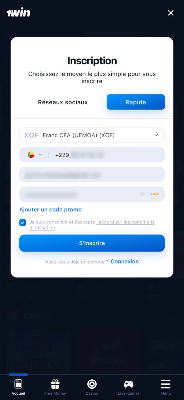 Inscrivez-vous sur la plateforme de paris officielle 1Win.