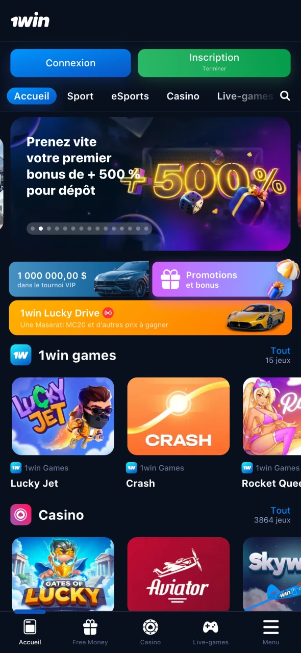Visitez la page principale de l'application officielle de 1Win.