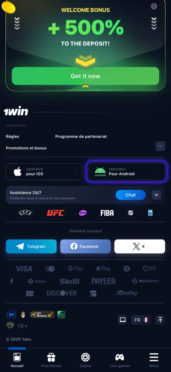 Cliquez sur le bouton de téléchargement de 1Win.