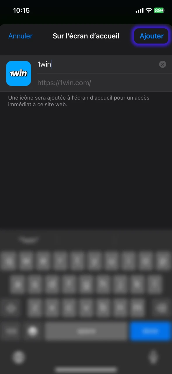 Confirmer la création du raccourci 1Win.