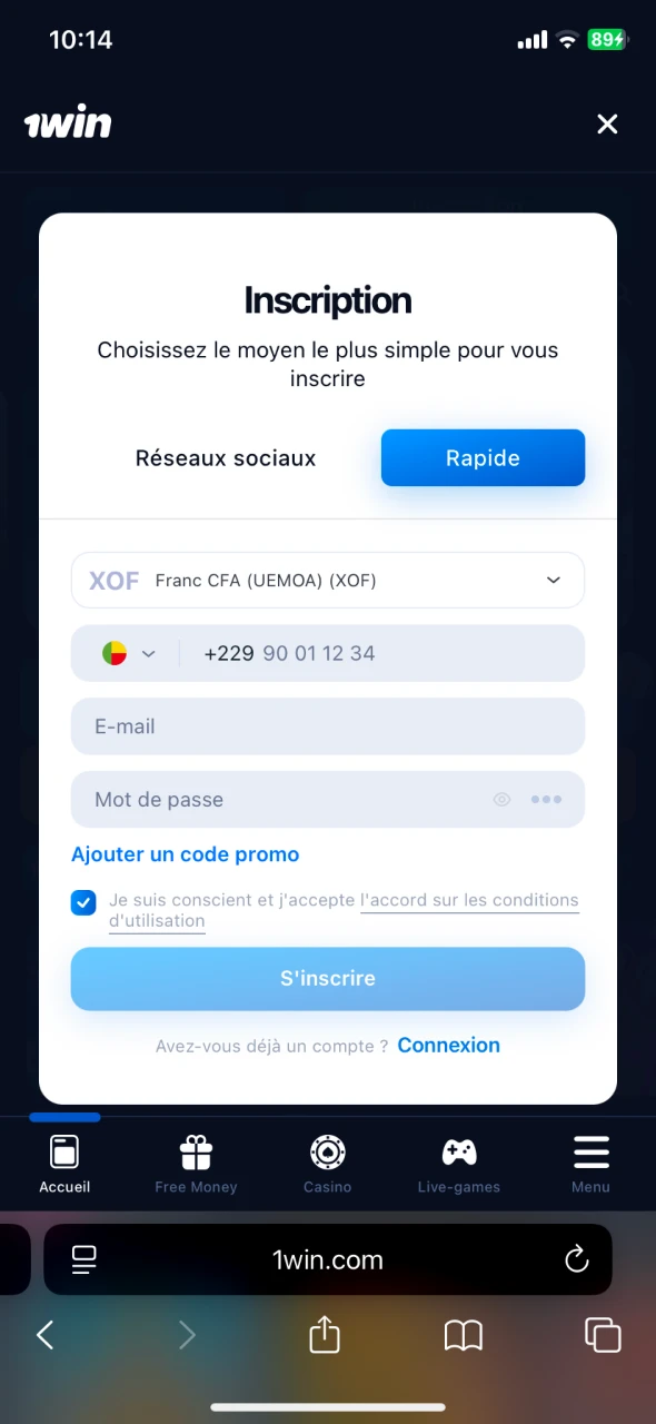 Cliquez sur le bouton d'inscription sur le site de 1Win.