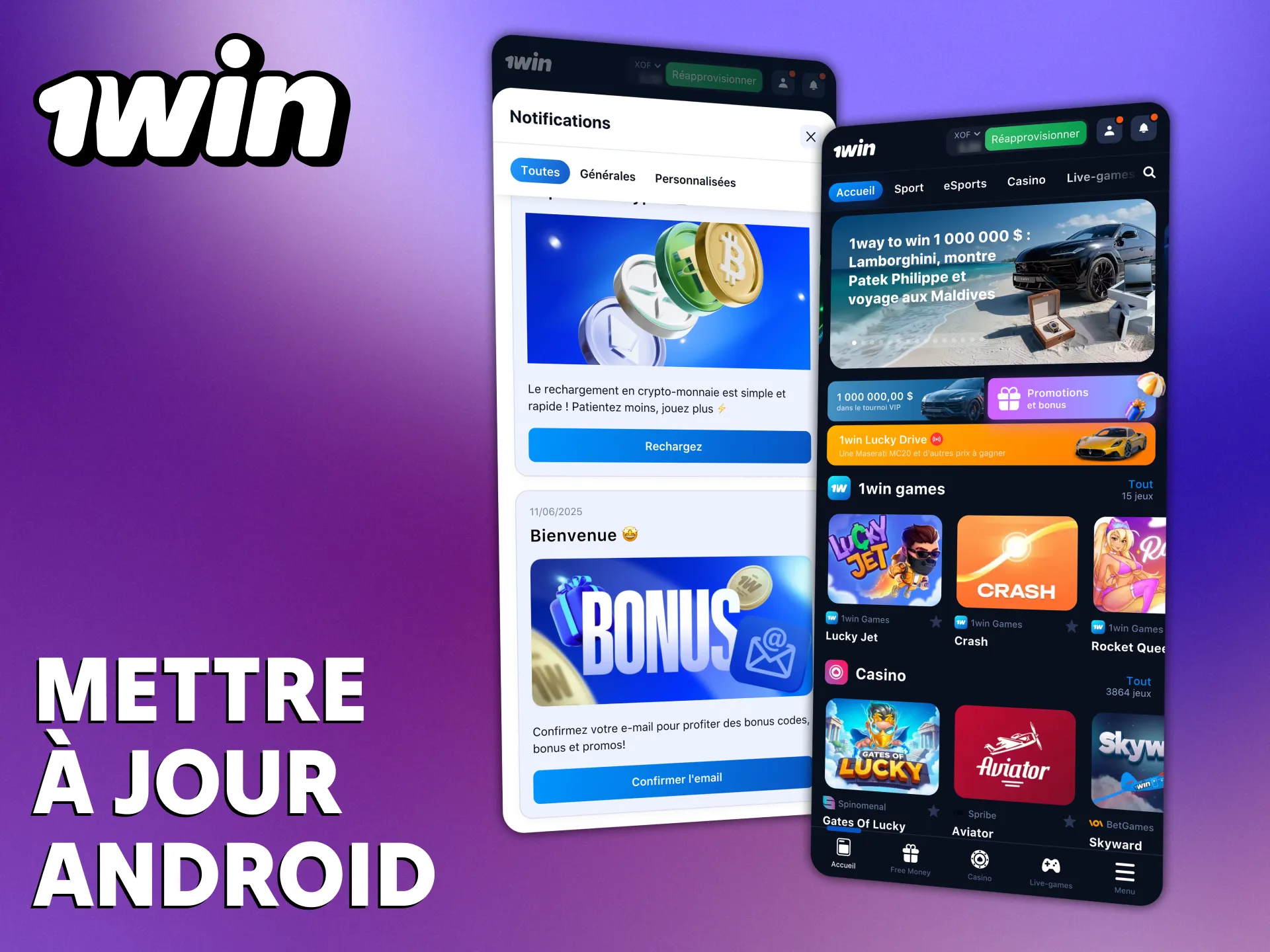 La mise à jour de l'application 1Win sur Android est facile.