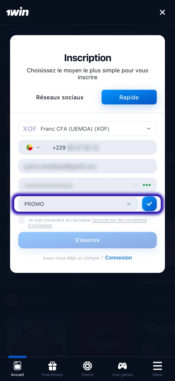 Trouvez le champ du code promo et insérez le code 1Win.