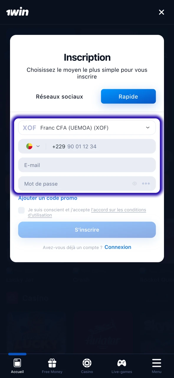 Cliquez sur le bouton d'inscription à 1Win official.