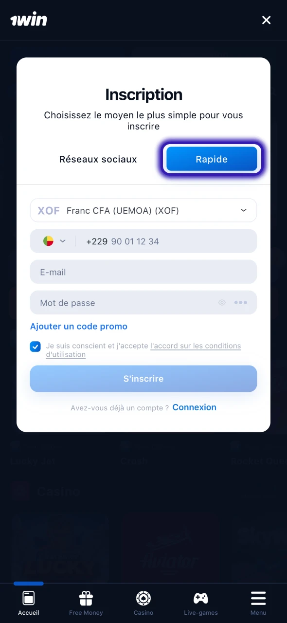 Sélectionnez l'onglet Rapide dans le formulaire d'inscription de 1Win.