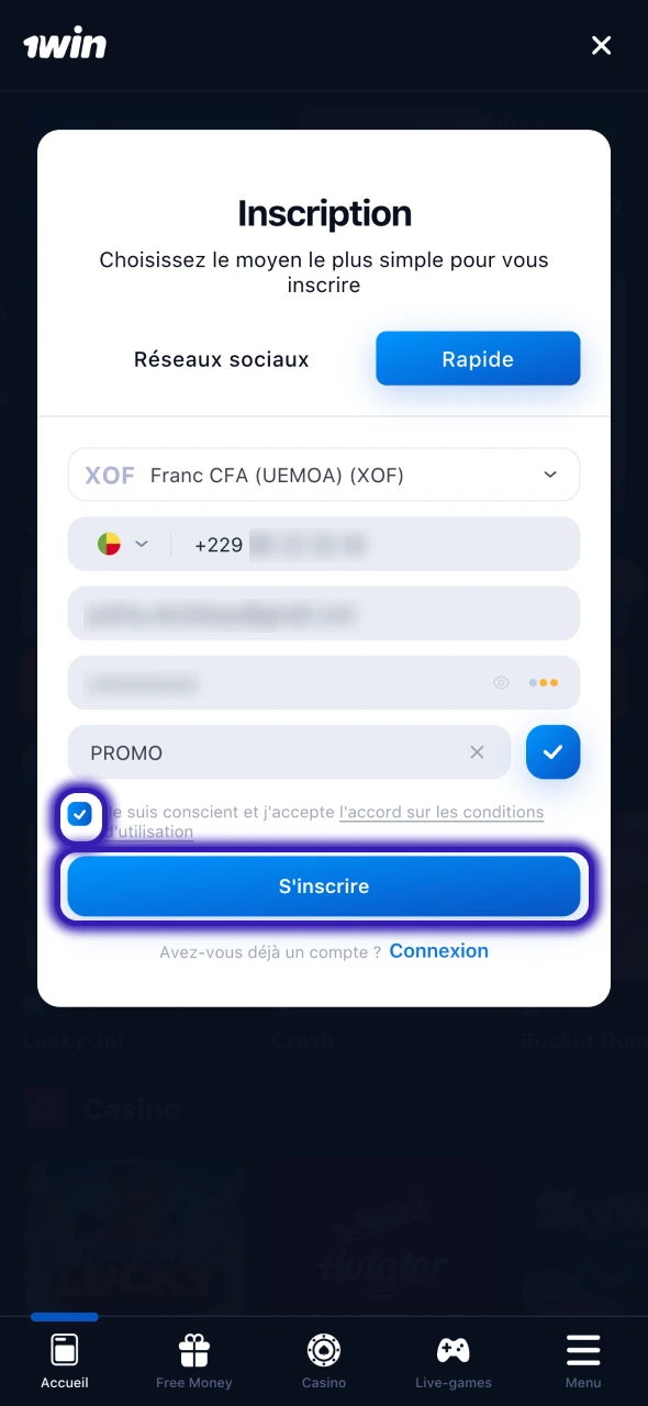 Accepter les conditions générales de la plateforme 1Win.