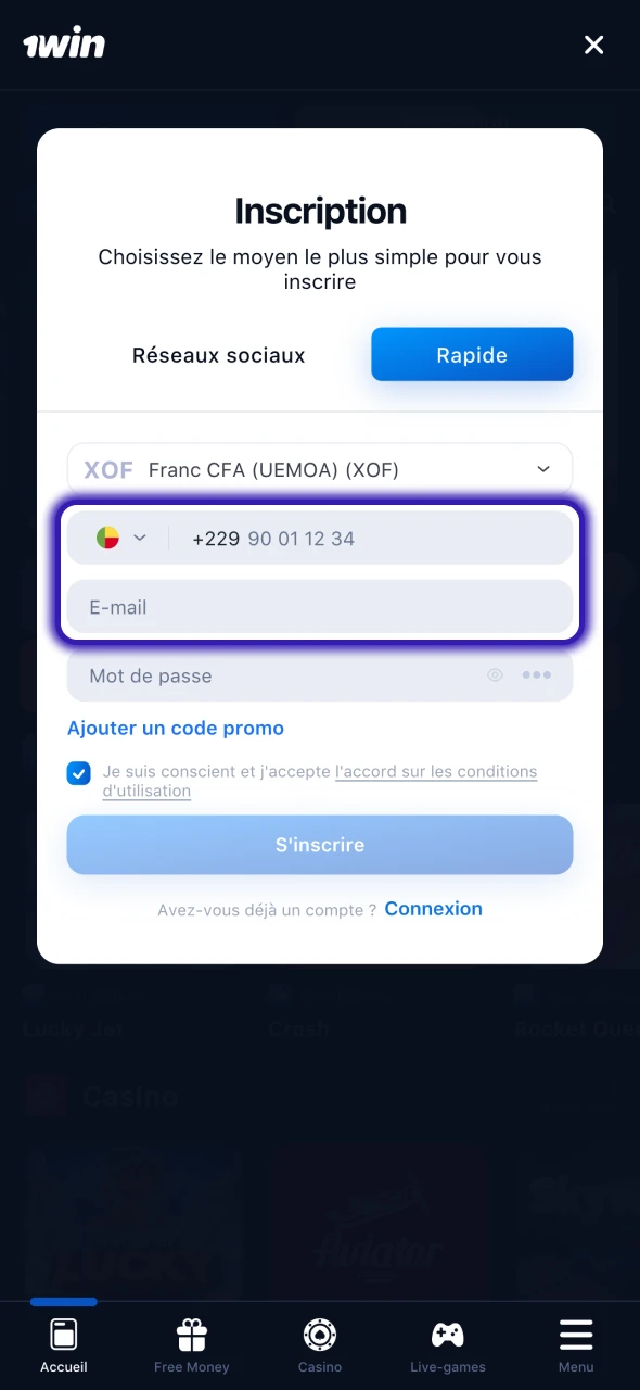 Saisissez des informations valides dans le formulaire d'inscription à 1Win.