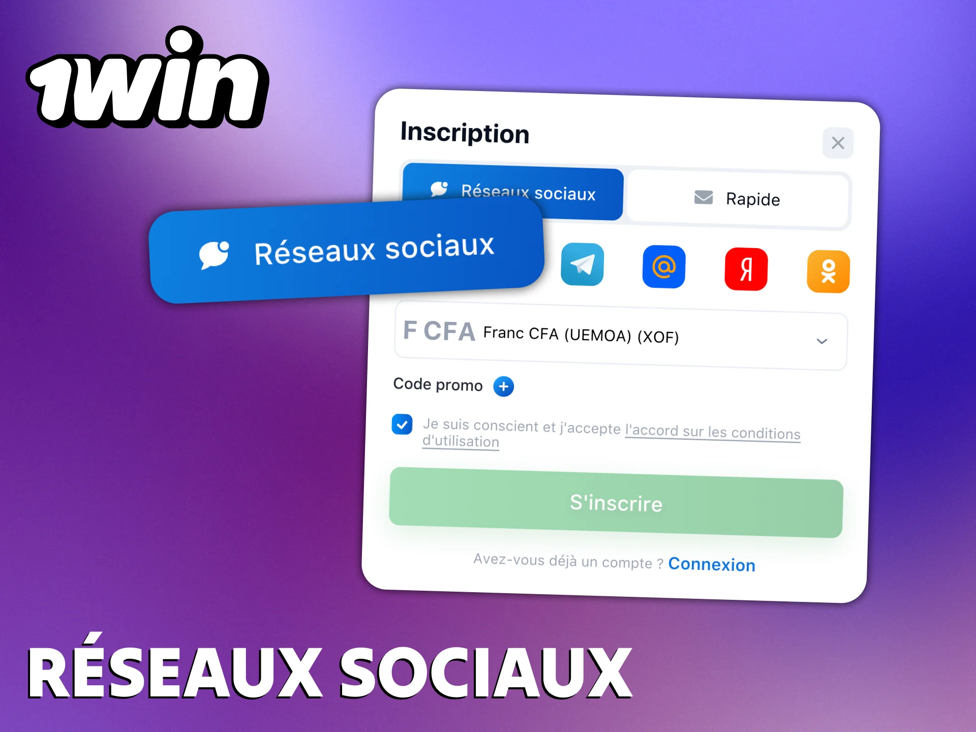 Vous pouvez vous inscrire à 1Win via les réseaux sociaux.