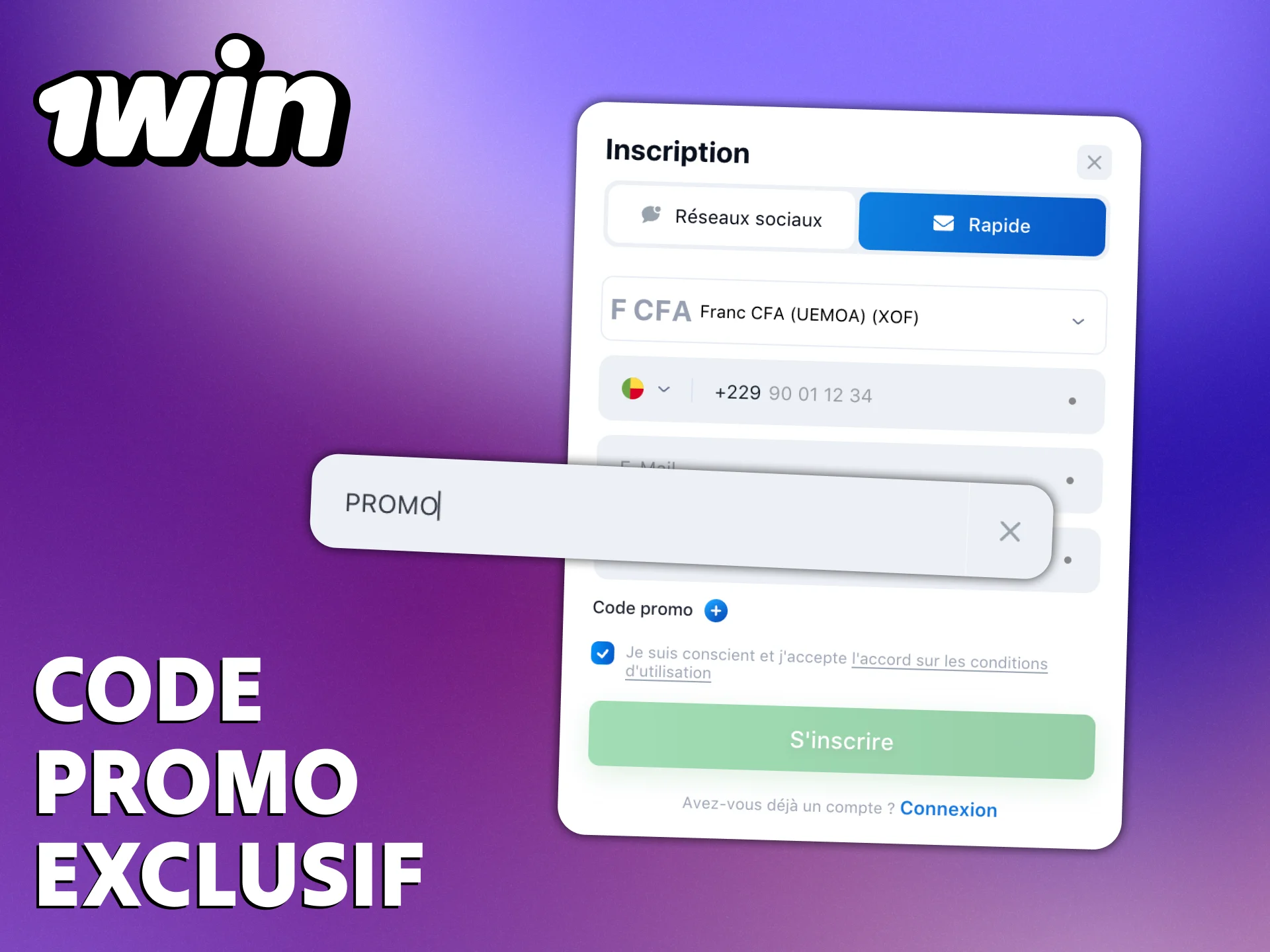 Lorsque vous vous inscrivez sur 1Win entrez le code promo.