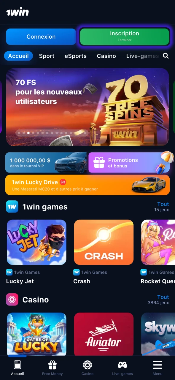 Cliquez sur le bouton S'inscrire sur la plateforme 1Win.