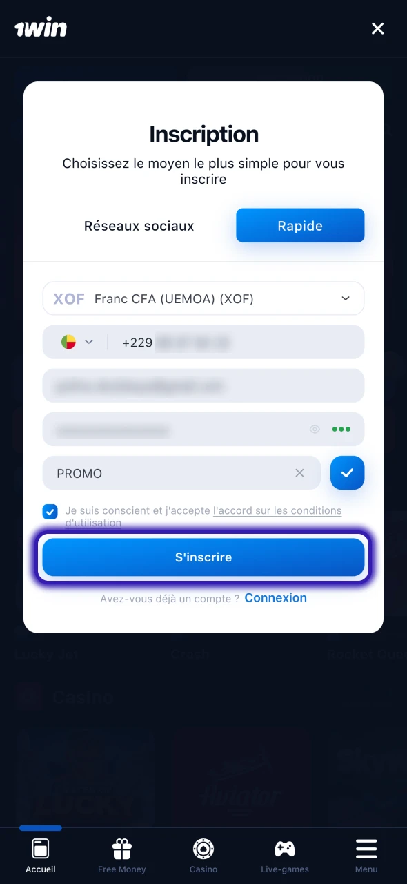 Compléter la procédure d'inscription sur le site web de 1Win.