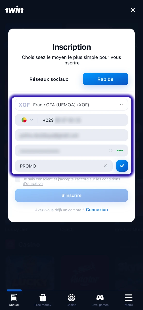 Saisissez les informations nécessaires dans le formulaire d'inscription de 1Win.