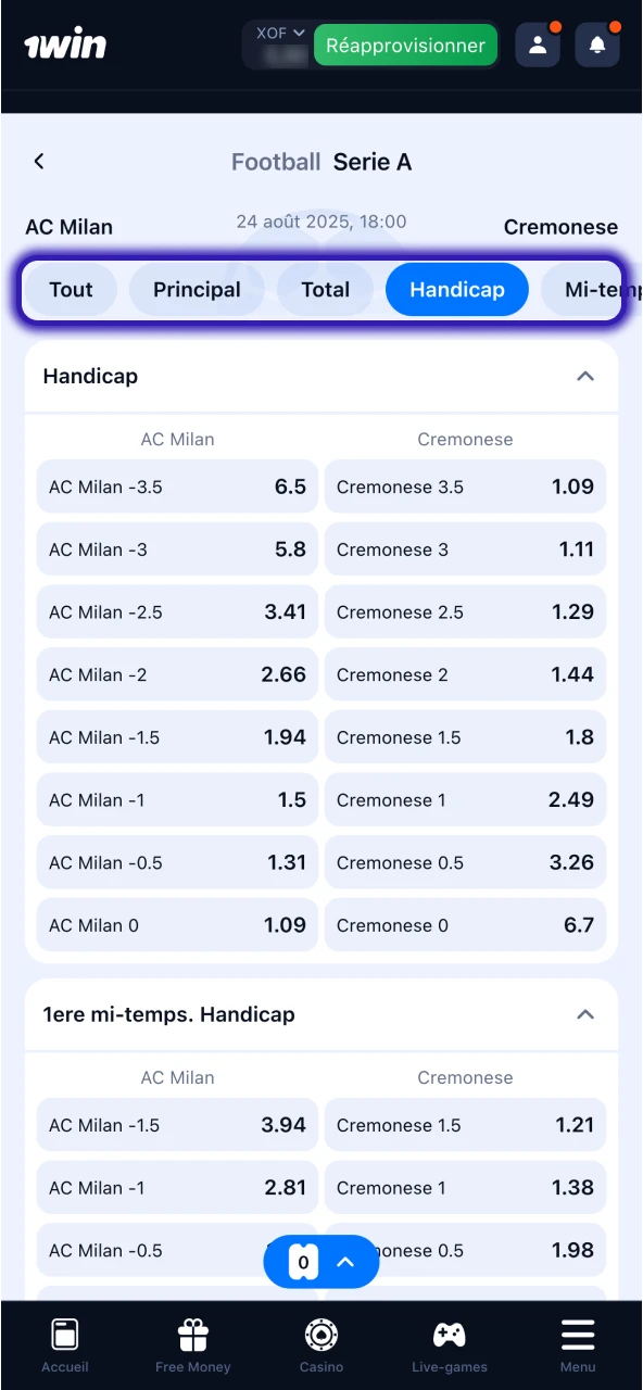 Choisissez le type de pari qui vous convient chez 1Win.