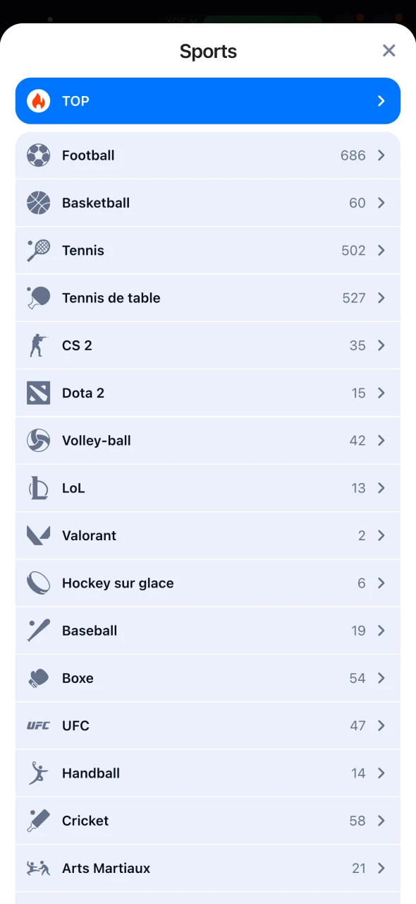 Sélectionnez le sport qui vous intéresse sur 1Win.