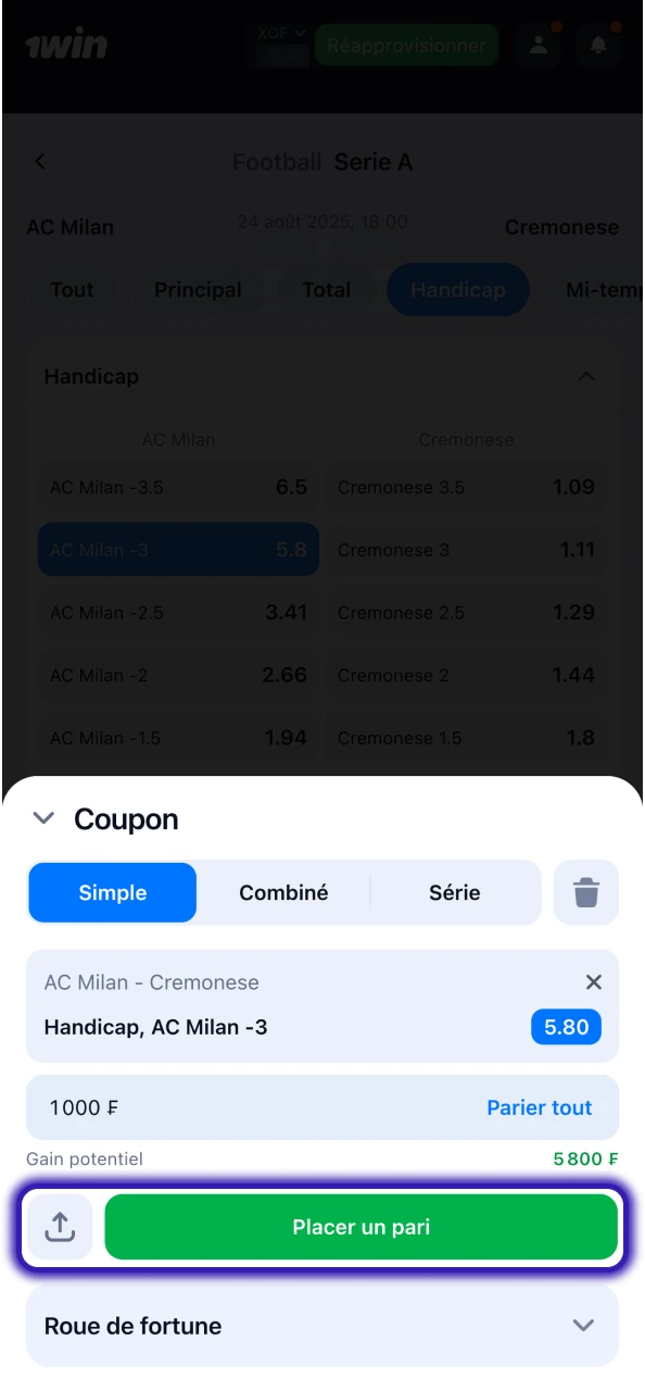 Vérifiez les détails et confirmez votre pari 1Win.