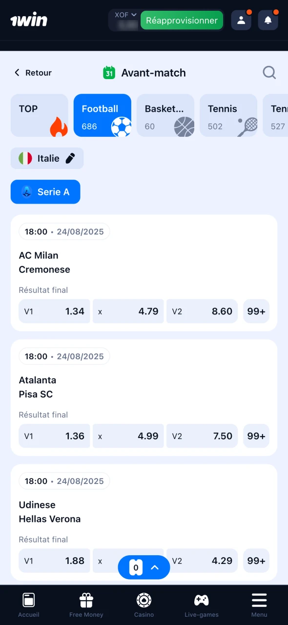 Sur 1Win cliquez sur le match de votre choix.