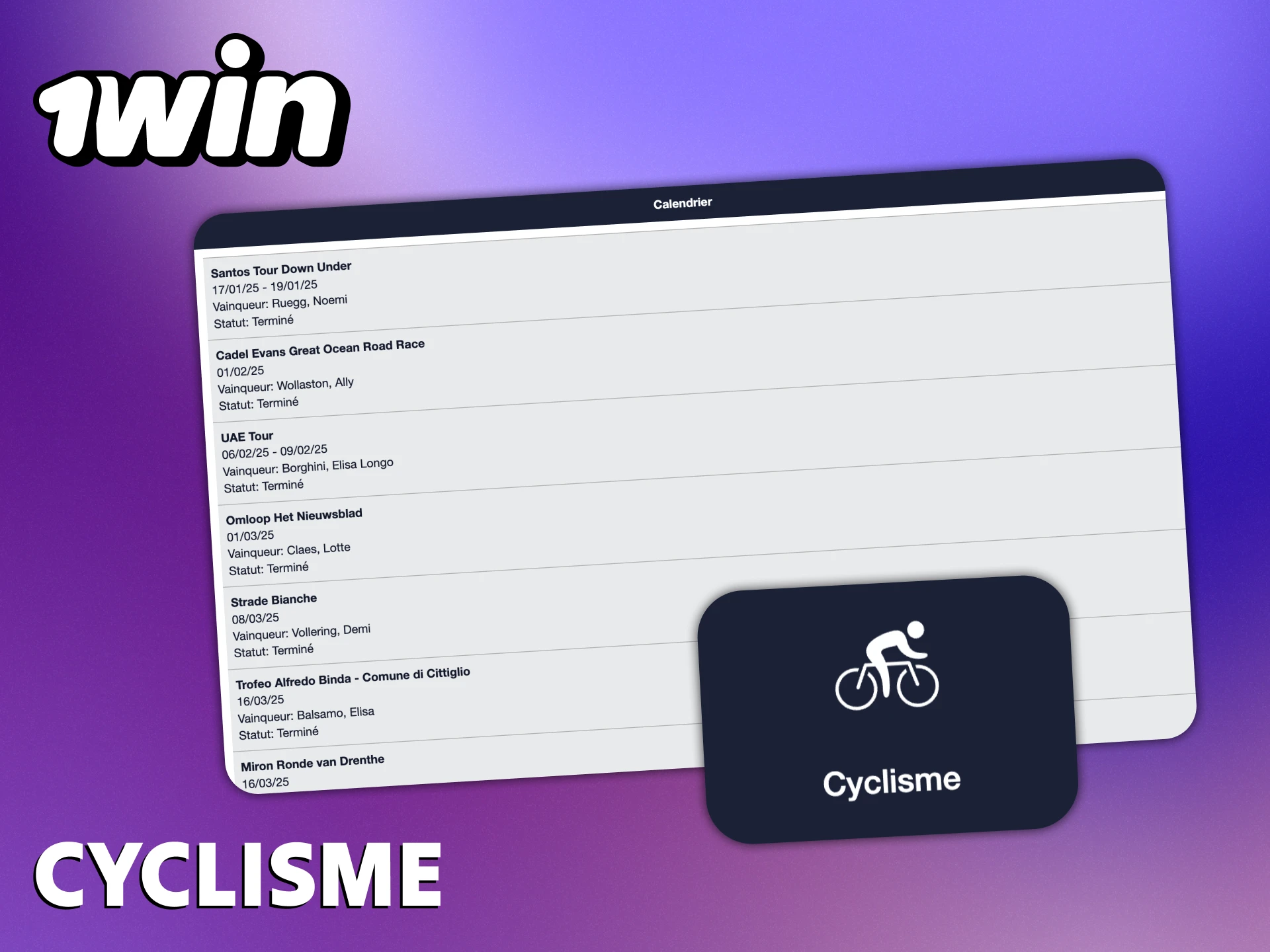 Les paris sur le cyclisme sont bien représentés sur 1Win.